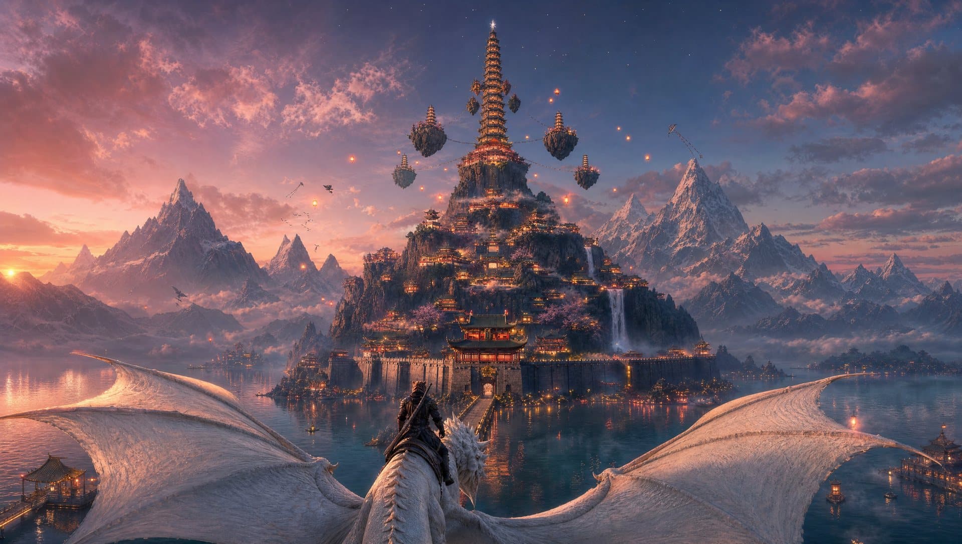 Concept art for Wildborn Pact: a Wildborn riding a white dragon toward the lake capital at dusk